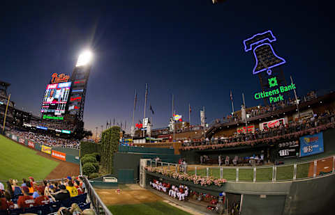 Jul 31, 2015; Philadelphia, PA, USA; General view of the outfield scoreboard and bullpen at dusk in a game between the Philadelphia Phillies and the Atlanta Braves at Citizens Bank Park. Mandatory Credit: Bill Streicher-USA TODAY Sports