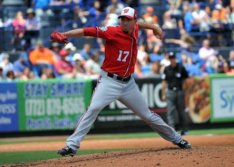 Mar 30, 2016; Port St. Lucie, FL, USA; Washington Nationals starting pitcher Sean Burnett (17) throws in the third inning during a spring training game against the New York Mets at Tradition Field. Mandatory Credit: Steve Mitchell-USA TODAY Sports