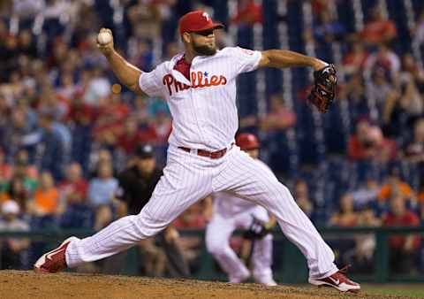 Aug 3, 2016; Philadelphia, PA, USA; Philadelphia Phillies relief pitcher Luis Garcia (57) pitches during the twelfth inning against the San Francisco Giants at Citizens Bank Park. The Philadelphia Phillies won 5-4 in the twelfth inning. Mandatory Credit: Bill Streicher-USA TODAY Sports