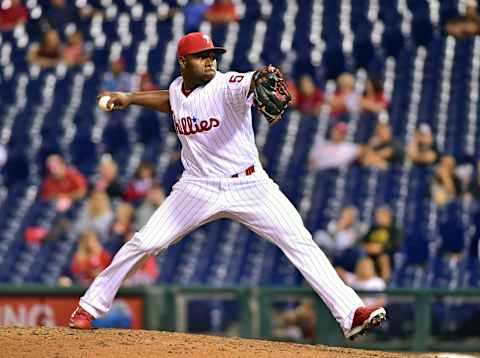 Sep 12, 2016; Philadelphia, PA, USA; Philadelphia Phillies relief pitcher Hector Neris (50) throws a pitch during the eighth inning against the Pittsburgh Pirates at Citizens Bank Park. The Phillies defeated the Pirates, 6-2. Mandatory Credit: Eric Hartline-USA TODAY Sports