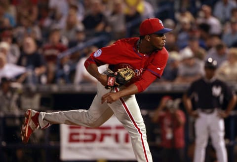 Mar 19, 2015; Tampa, FL, USA; Philadelphia Phillies pitcher Joely Rodriguez (64) throws a pitch during the fifth inning against the New York Yankees at George M. Steinbrenner Field. Mandatory Credit: Kim Klement-USA TODAY Sports