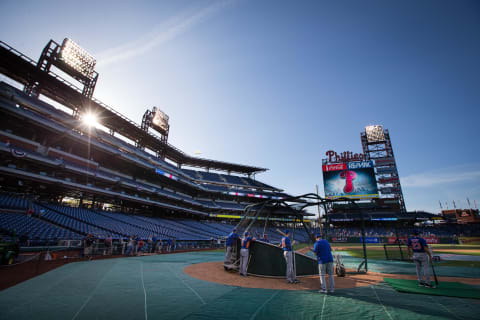 Apr 18, 2016; Philadelphia, PA, USA; General view as the New York Mets take batting practice before the game against the Philadelphia Phillies at Citizens Bank Park. Mandatory Credit: Bill Streicher-USA TODAY Sports