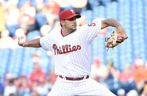 Jul 5, 2016; Philadelphia, PA, USA; Philadelphia Phillies starting pitcher Zach Eflin (56) throws a pitch during the first inning against the Atlanta Braves at Citizens Bank Park. Mandatory Credit: Eric Hartline-USA TODAY Sports