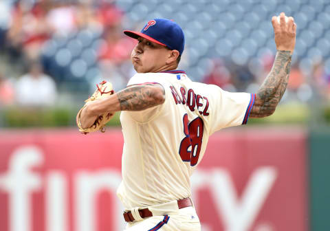 Aug 21, 2016; Philadelphia, PA, USA; Philadelphia Phillies starting pitcher Vince Velasquez (28) throws a pitch during the first inning against the St. Louis Cardinals at Citizens Bank Park. Mandatory Credit: Eric Hartline-USA TODAY Sports