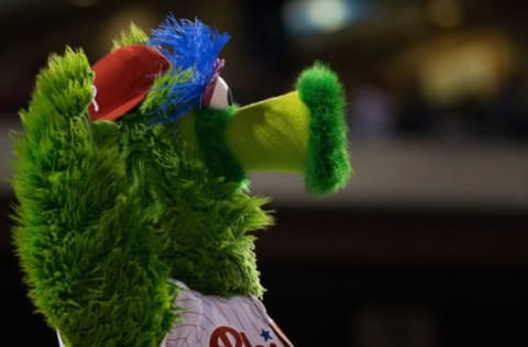 Sep 16, 2016; Philadelphia, PA, USA; The Phillie Phanatic against the Miami Marlins at Citizens Bank Park. The Philadelphia Phillies won 4-3 in the eleventh inning. Mandatory Credit: Bill Streicher-USA TODAY Sports