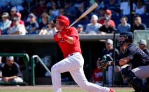 Feb 25, 2017; Clearwater, FL, USA; Philadelphia Phillies first baseman Rhys Hoskins (70) hits a home run during the sixth inning against the New York Yankees at Spectrum Field. Mandatory Credit: Kim Klement-USA TODAY Sports