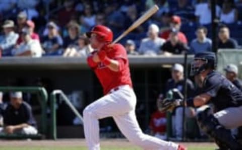 Feb 25, 2017; Clearwater, FL, USA; Philadelphia Phillies first baseman Rhys Hoskins (70) hits a home run during the sixth inning against the New York Yankees at Spectrum Field. Mandatory Credit: Kim Klement-USA TODAY Sports