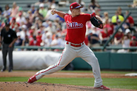 Mar 8, 2017; Lake Buena Vista, FL, USA; Philadelphia Phillies starting pitcher Jeremy Hellickson (58) throws a pitch during the first inning against the Atlanta Braves at Champion Stadium. Mandatory Credit: Kim Klement-USA TODAY Sports