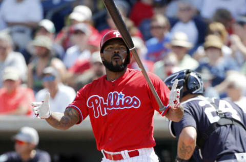 Mar 10, 2017; Clearwater, FL, USA; Philadelphia Phillies left fielder Howie Kendrick (47) throws his bat as he strikes out during the first inning against the New York Yankees at Spectrum Field. Mandatory Credit: Kim Klement-USA TODAY Sports