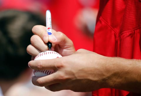 Mar 10, 2017; Clearwater, FL, USA; A detailed view of a Philadelphia Phillies signing an autograph before the game against the New York Yankees at Bright House Field. Mandatory Credit: Kim Klement-USA TODAY Sports