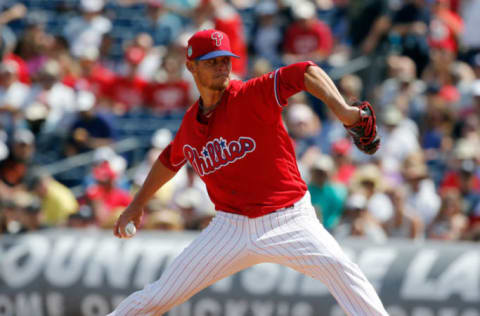 Mar 10, 2017; Clearwater, FL, USA; Philadelphia Phillies starting pitcher Clay Buchholz (21) throws a pitch during the first inning against the New York Yankees at Bright House Field. Mandatory Credit: Kim Klement-USA TODAY Sports