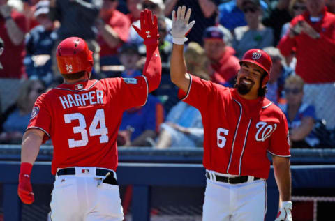 Mar 16, 2017; West Palm Beach, FL, USA; Washington Nationals right fielder Bryce Harper (34) celebrates with third baseman Anthony Rendon (6) after his home run against the New York Mets during a spring training game at The Ballpark of the Palm Beaches. Mandatory Credit: Jasen Vinlove-USA TODAY Sports