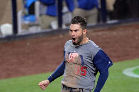 Mar 18, 2017; San Diego, CA, USA; United States infielder Eric Hosmer (35) scores on a RBI double by outfielder Andrew McCutchen (not pictured) during the eighth inning against the Dominican Republic during the 2017 World Baseball Classic at Petco Park. Mandatory Credit: Orlando Ramirez-USA TODAY Sports