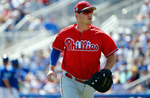 Mar 11, 2017; Dunedin, FL, USA; Philadelphia Phillies first baseman Tommy Joseph (19) at Florida Auto Exchange Stadium. Mandatory Credit: Kim Klement-USA TODAY Sports