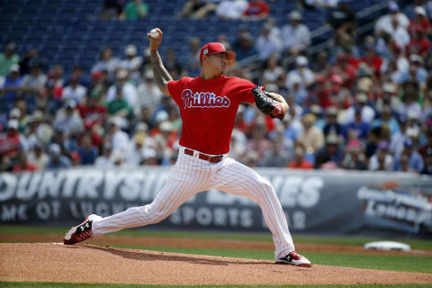 Mar 22, 2017; Clearwater, FL, USA; Philadelphia Phillies starting pitcher Vince Velasquez (28) throws a pitch during the first inning against the New York Yankees at Spectrum Field. Mandatory Credit: Kim Klement-USA TODAY Sports