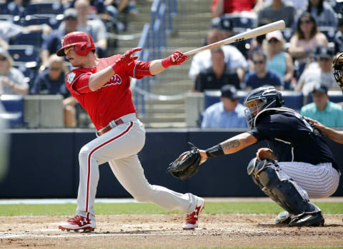 Mar 24, 2017; Tampa, FL, USA; Philadelphia Phillies designated hitter Andrew Knapp (64) singles during the second inning against the New York Yankees at George M. Steinbrenner Field. Mandatory Credit: Kim Klement-USA TODAY Sports