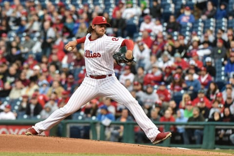 Apr 8, 2017; Philadelphia, PA, USA; Philadelphia Phillies starting pitcher Aaron Nola (27) pitches during the first inning against the Washington Nationals at Citizens Bank Park. Mandatory Credit: John Geliebter-USA TODAY Sports