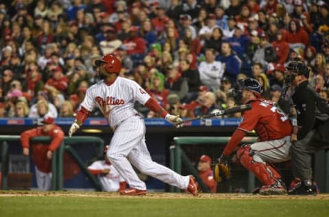 Apr 8, 2017; Philadelphia, PA, USA; Philadelphia Phillies left fielder Howie Kendrick (47) hits a bases-loaded triple during the first inning against the Washington Nationals at Citizens Bank Park. Mandatory Credit: John Geliebter-USA TODAY Sports