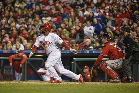 Apr 8, 2017; Philadelphia, PA, USA; Philadelphia Phillies left fielder Howie Kendrick (47) hits a bases loaded triple during the first inning against the Washington Nationals at Citizens Bank Park. Mandatory Credit: John Geliebter-USA TODAY Sports