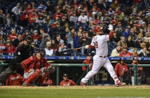 Apr 8, 2017; Philadelphia, PA, USA; Philadelphia Phillies catcher Cameron Rupp (29) hits a home run in the eighth inning against the Washington Nationals at Citizens Bank Park. The Phillies won 17-3. Mandatory Credit: John Geliebter-USA TODAY Sports