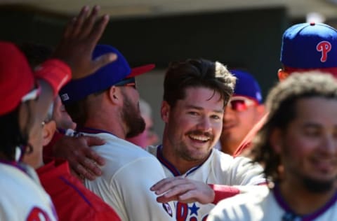 Apr 9, 2017; Philadelphia, PA, USA; Philadelphia Phillies catcher Andrew Knapp (34) celebrates in the dugout after scoring a run during the fifth inning against the Washington Nationals at Citizens Bank Park. Mandatory Credit: Eric Hartline-USA TODAY Sports