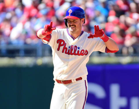 Apr 9, 2017; Philadelphia, PA, USA; Philadelphia Phillies catcher Andrew Knapp (34) stands on second base with a double and his first major league hit during the fifth inning against the Washington Nationals at Citizens Bank Park. Mandatory Credit: Eric Hartline-USA TODAY Sports