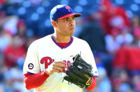 Apr 9, 2017; Philadelphia, PA, USA; Philadelphia Phillies relief pitcher Jeanmar Gomez (46) reacts after allowing a game-tying three run home run against the Washington Nationals in the top of the ninth inning at Citizens Bank Park. The Phillies defeated the Nationals, 4-3. Mandatory Credit: Eric Hartline-USA TODAY Sports