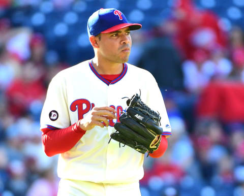 Apr 9, 2017; Philadelphia, PA, USA; Philadelphia Phillies relief pitcher Jeanmar Gomez (46) reacts after allowing a game-tying three run home run against the Washington Nationals in the top of the ninth inning at Citizens Bank Park. The Phillies defeated the Nationals, 4-3. Mandatory Credit: Eric Hartline-USA TODAY Sports