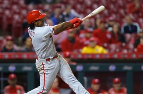 Apr 5, 2017; Cincinnati, OH, USA; Philadelphia Phillies third baseman Maikel Franco (7) against the Cincinnati Reds at Great American Ball Park. The Reds won 2-0. Mandatory Credit: Aaron Doster-USA TODAY Sports