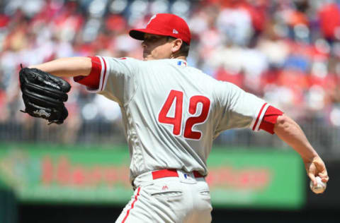 Apr 15, 2017; Washington, DC, USA; Philadelphia Phillies starting pitcher Jeremy Hellickson throws to the Washington Nationals during the second inning at Nationals Park. Mandatory Credit: Brad Mills-USA TODAY Sports