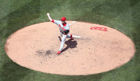 Apr 15, 2017; Washington, DC, USA; Philadelphia Phillies starting pitcher Jeremy Hellickson throws to the Washington Nationals during the sixth inning at Nationals Park. Mandatory Credit: Brad Mills-USA TODAY Sports