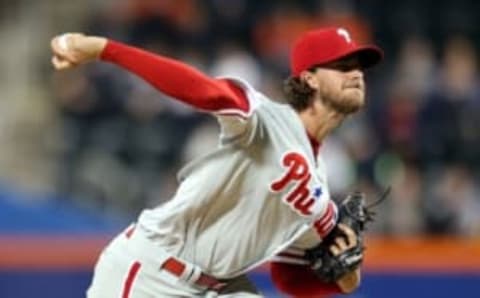 Apr 20, 2017; New York City, NY, USA; Philadelphia Phillies starting pitcher Aaron Nola (27) pitches against the New York Mets during the second inning at Citi Field. Mandatory Credit: Brad Penner-USA TODAY Sports