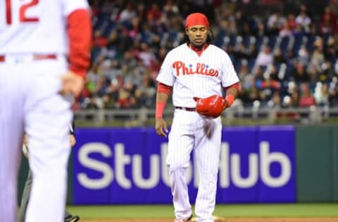 Apr 22, 2017; Philadelphia, PA, USA; Philadelphia Phillies third baseman Maikel Franco (7) reacts after getting in a rundown to end the sixth inning against the Atlanta Braves at Citizens Bank Park. Mandatory Credit: Eric Hartline-USA TODAY Sports