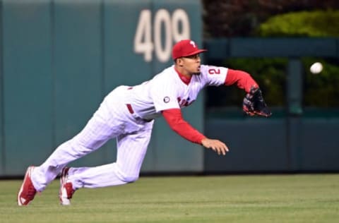 Apr 22, 2017; Philadelphia, PA, USA; Philadelphia Phillies right fielder Aaron Altherr (23) makes a catch during the eighth inning against the Atlanta Braves at Citizens Bank Park. The Phillies defeated the Braves, 4-3 in 10 innings. Mandatory Credit: Eric Hartline-USA TODAY Sports