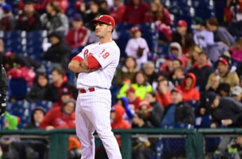 Apr 22, 2017; Philadelphia, PA, USA; Philadelphia Phillies first baseman Tommy Joseph (19) reacts after his error against the Atlanta Braves in the tenth inning at Citizens Bank Park. The Phillies defeated the Braves, 4-3 in 10 innings. Mandatory Credit: Eric Hartline-USA TODAY Sports