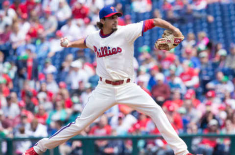 Apr 23, 2017; Philadelphia, PA, USA; Philadelphia Phillies starting pitcher Zach Eflin (56) pitches during the first inning against the Atlanta Braves at Citizens Bank Park. Mandatory Credit: Bill Streicher-USA TODAY Sports