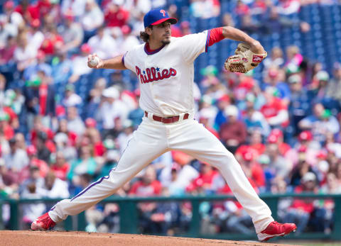 Apr 23, 2017; Philadelphia, PA, USA; Philadelphia Phillies starting pitcher Zach Eflin (56) pitches during the first inning against the Atlanta Braves at Citizens Bank Park. Mandatory Credit: Bill Streicher-USA TODAY Sports