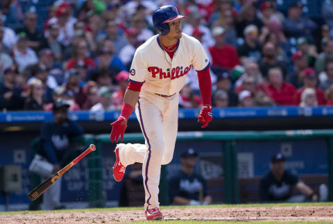 Apr 23, 2017; Philadelphia, PA, USA; Philadelphia Phillies second baseman Cesar Hernandez (16) hits a two RBI home run during the eighth inning against the Atlanta Braves at Citizens Bank Park. The Phillies won 5-2. Mandatory Credit: Bill Streicher-USA TODAY Sports