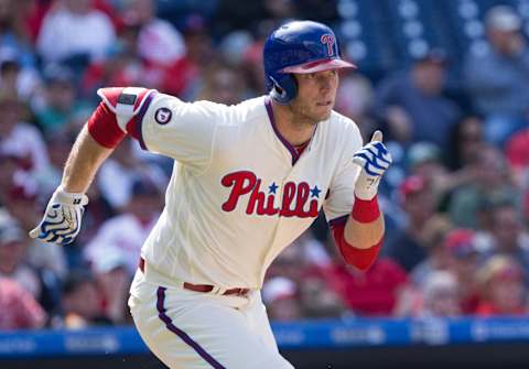 Apr 23, 2017; Philadelphia, PA, USA; Philadelphia Phillies right fielder Michael Saunders (5) hits a double during the eighth inning against the Atlanta Braves at Citizens Bank Park. The Phillies won 5-2. Mandatory Credit: Bill Streicher-USA TODAY Sports