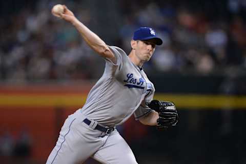 Apr 23, 2017; Phoenix, AZ, USA; Los Angeles Dodgers starting pitcher Brandon McCarthy (38) pitches against the Arizona Diamondbacks during the first inning at Chase Field. Mandatory Credit: Joe Camporeale-USA TODAY Sports