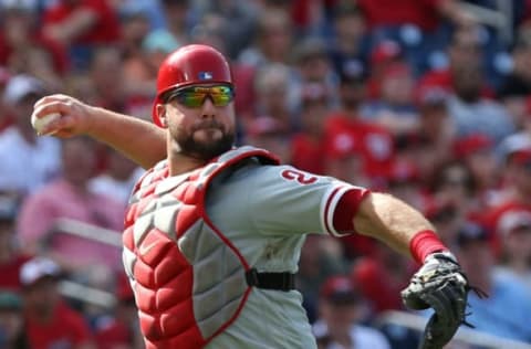 Apr 16, 2017; Washington, DC, USA; Philadelphia Phillies catcher Cameron Rupp (29) makes a throw to first base against the Washington Nationals at Nationals Park. Mandatory Credit: Geoff Burke-USA TODAY Sports