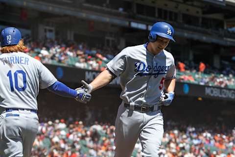 Apr 27, 2017; San Francisco, CA, USA; Los Angeles Dodgers shortstop Corey Seager (5) celebrates with third baseman Justin Turner (10) after hitting a home run against the San Francisco Giants during the first inning at AT&T Park. Mandatory Credit: Sergio Estrada-USA TODAY Sports