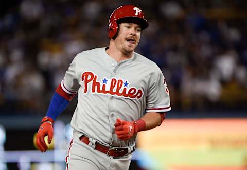 Apr 29, 2017; Los Angeles, CA, USA; Philadelphia Phillies catcher Andrew Knapp (34) runs the bases after hitting a solo home run against the Los Angeles Dodgers during the eighth inning at Dodger Stadium. Mandatory Credit: Kelvin Kuo-USA TODAY Sports