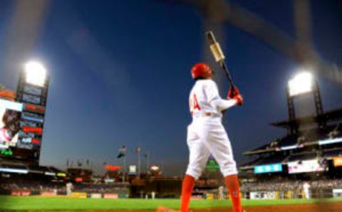 Sep 12, 2016; Philadelphia, PA, USA; Philadelphia Phillies right fielder Roman Quinn (24) waits on deck during the first inning against the Pittsburgh Pirates at Citizens Bank Park. Mandatory Credit: Eric Hartline-USA TODAY Sports