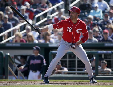 Feb 25, 2017; Goodyear, AZ, USA; Cincinnati Reds first baseman Joey Votto (19) comes up to bat in the first inning against the Cleveland Indians during a spring training game at Goodyear Ballpark. Mandatory Credit: Sam Greene/Cincinnati Enquirer via USA TODAY Sports