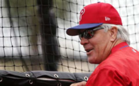 Mar 13, 2017; Sarasota, FL, USA; Philadelphia Phillies manager Pete Mackanin (45) works out prior to the game at Ed Smith Stadium. Mandatory Credit: Kim Klement-USA TODAY Sports