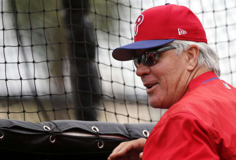 Mar 13, 2017; Sarasota, FL, USA; Philadelphia Phillies manager Pete Mackanin (45) works out prior to the game at Ed Smith Stadium. Mandatory Credit: Kim Klement-USA TODAY Sports