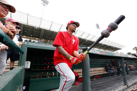 Mar 13, 2017; Sarasota, FL, USA; Philadelphia Phillies shortstop J.P. Crawford (67) walks up to batting practice prior to the game against the Baltimore Orioles at Ed Smith Stadium. Mandatory Credit: Kim Klement-USA TODAY Sports