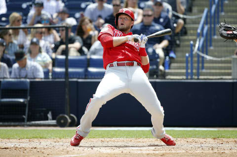 Mar 24, 2017; Tampa, FL, USA; Philadelphia Phillies right fielder Michael Saunders (5) reacts after he got hit by pitch during the fifth inning against the New York Yankees at George M. Steinbrenner Field. Mandatory Credit: Kim Klement-USA TODAY Sports