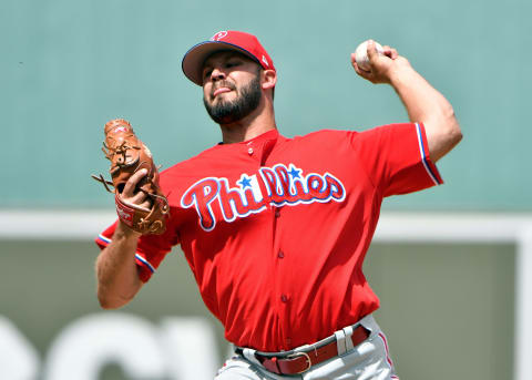 Mar 25, 2017; Fort Myers, FL, USA; Philadelphia Phillies starting pitcher Adam Morgan (39) throws against the Boston Red Sox during a spring training game at JetBlue Park. Mandatory Credit: Steve Mitchell-USA TODAY Sports